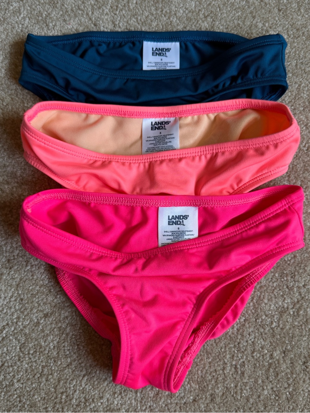 Lands' End Girls' Bright Bikini Bottoms - Pink, Coral, Navy - 3-Pack